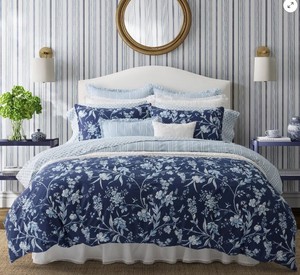 lot 9130 image: Laura Ashley Cotton Branch Toile Blue Cotton Comforter Bonus Set - King  - Retail $200