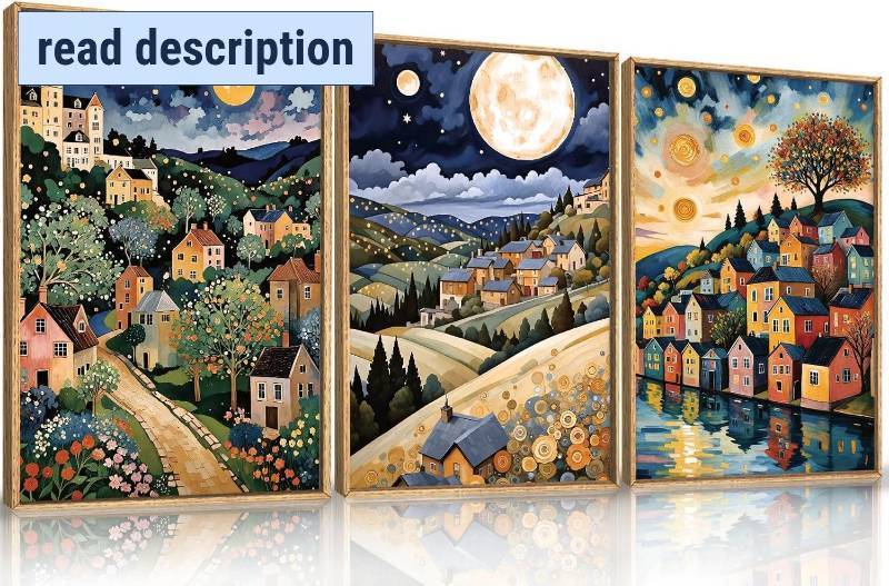 lot 251492 image: Retails for $130 LHIUEM Large Abstract Colorful Framed Canvas Wall Art,Retro Night Village Wall Decor,Natural Moon Stars Wall Painting,Gustav Klimt Scenery Artwork for Living Room,Bedroom,Dining Room,Office -24x36x3