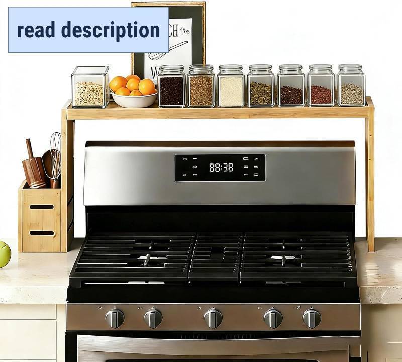 lot 351649 image: Over The Stove Shelf Wooden,Bamboo Spice Rack for Above the Kitchen Hob,31.5-inch Spice Storage Rack,Height-Adjustable, 50-pound Weight Capacity, Easy to Assemble (Wood colour)