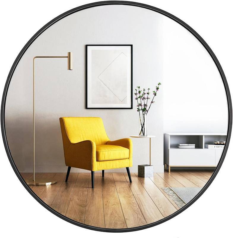 lot 351672 image: Oruii Round Mirror, Black Round Mirror 24 inch, Circle Wall Mirrors Metal Frame, Circular Mirrors for Wall, Living Room, Bathroom, Vanity, Entryway, Hallway