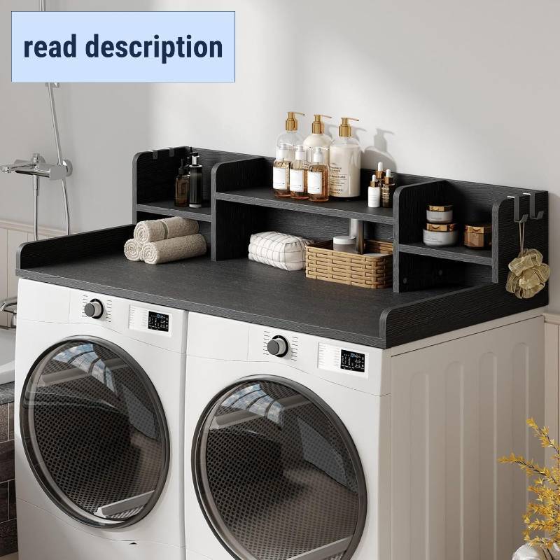 lot 161387 image: HOOBRO 2-Tier Washer Dryer Countertop, 54W x 27.6D Wooden Washer and Dryer Countertop for Laundry Room Organization, Spacious Laundry Topper for Folding Clothes, 4 Hooks, Black BK18XY01