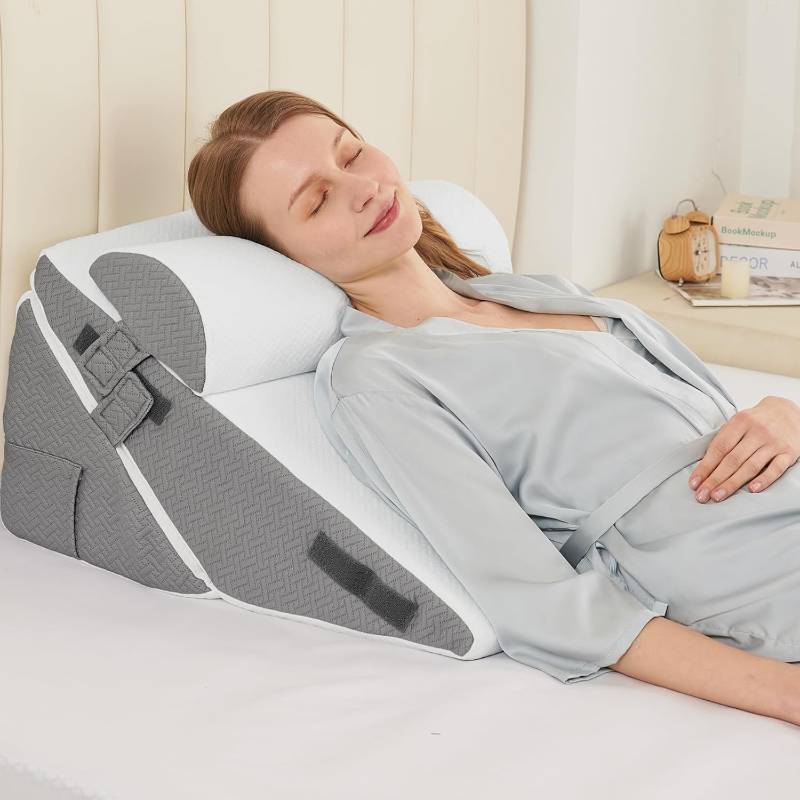 lot 361436 image: Sasttie Wedge Pillow Set for After Surgery, 2PCS Adjustable Bed Wedge Pillow Headboard with Memory Foam Neck Cushion   for Acid Reflux, Sleeping, Neck & Back Support, Dark Grey & White
