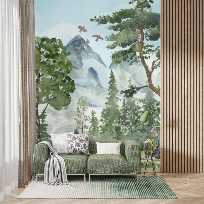 lot 461288 image: Green Forest Wallpaper Mural Woodland Mountain Landscape Peel and Stick Wallpaper Rustic Nature Tree Self Adhesive Wall Paper Watercolor Kids Nursery Wall Decor Removable Wall Contact Paper 59X78.7