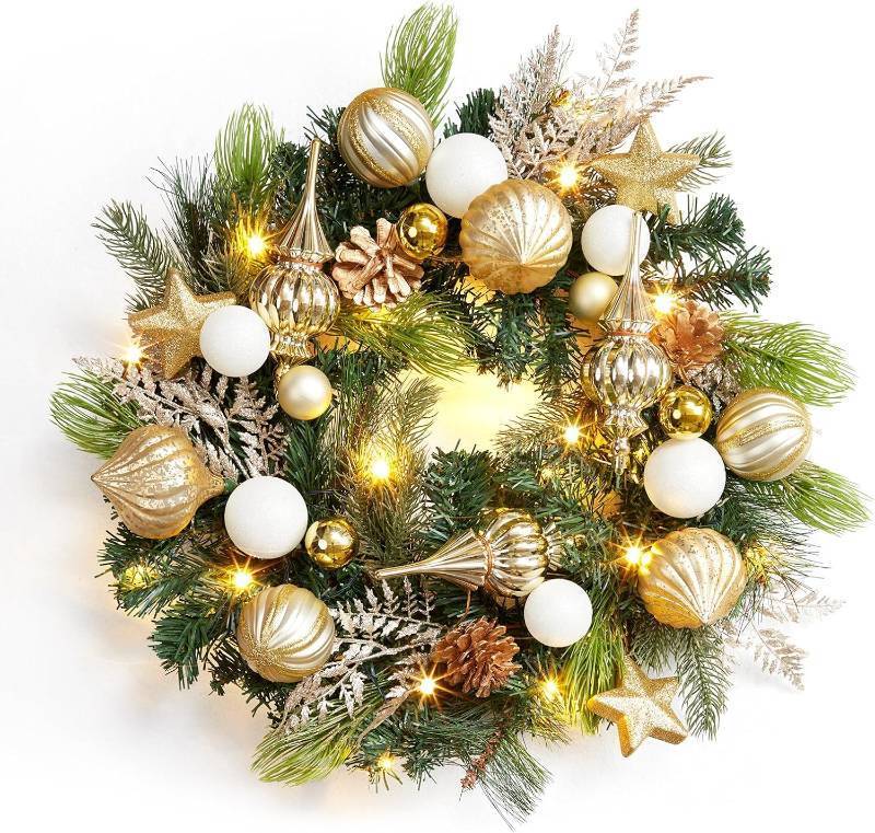 lot 171252 image: Garvee Christmas Wreath with Lights for Front Door, 24in Large Outdoor Christmas Wreaths, Battery Operated Prelit Xmas Wreath with Gold White Ball Ornaments for Fireplace Window Wall Decor