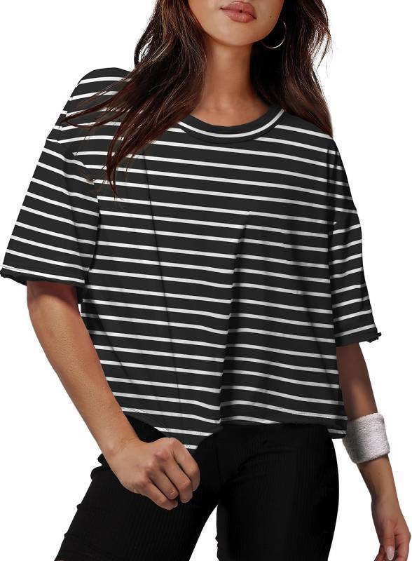 lot 171268 image: XIEERDUO Cotton Tshirts for Women Drop Shoulder Round Neck Oversized Crop Tops Workout Tops Tees