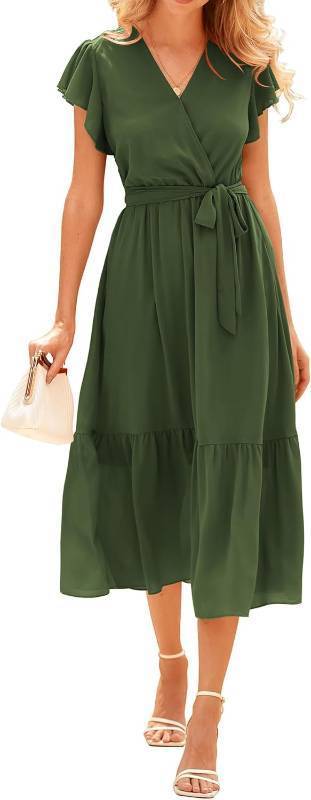 lot 171269 image: BTFBM Women Summer Bohemian Floral Casual Wrap V Neck Ruffle Cap Sleeveless Belt A-Line Pleated Hem Midi Sun Dress White