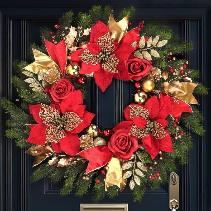 lot 171284 image: Christmas Wreaths for Front Door,Winter Wreaths for Indoor and Outdoor Christmas Decorations,Christmas Door Wreath with Red Christmas Flowers and Golden Ball,Pine Cones for Christmas Decor