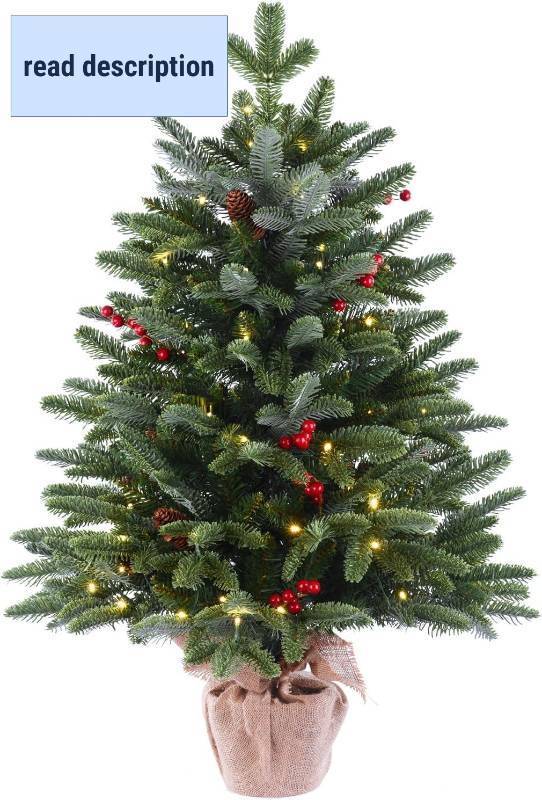 lot 271302 image: 3ft Pre-Lit Premium Artificial Christmas Tree with 80 LED Lights Frazer Fir Mini Xmas Trees, Cement Burlap Base Basin, for Home Tabletop, Green