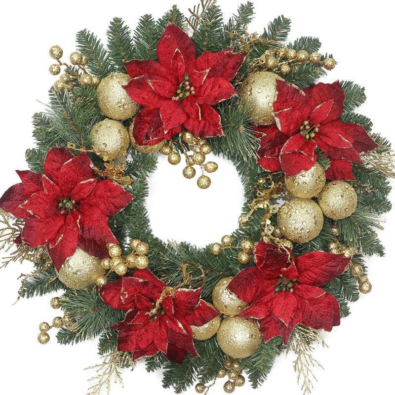 lot 271307 image: 24 Inch Christmas Wreath for Front Door Artificial Christmas Wreath, with Pine Needles, Red & Gold Berries Decorations Accents, for Decor IndoorOutdoor Christmas Decoration