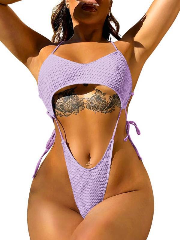 lot 471381 image: ChiaoLezhee One Piece Swimsuit, Sexy High Cut Monokini, Rave Outfits, Tan Through Swimwear Slingshot Cutout Thong Tie Bikini