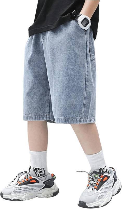 lot 471388 image: OYOANGLE Boys Denim Cargo Shorts Straight Leg Outdoor Casual Jeans Shorts with Slant Pocket