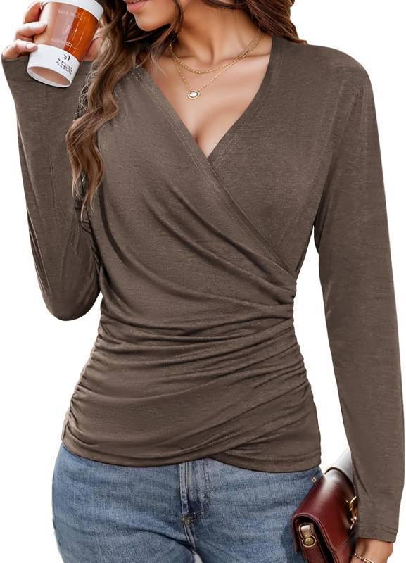 lot 471390 image: Womens Deep V Neck Cross Wrap Top, Long Sleeve Trendy Fall Ruched Asymmetricl Slim Fit Dressy Blouse
