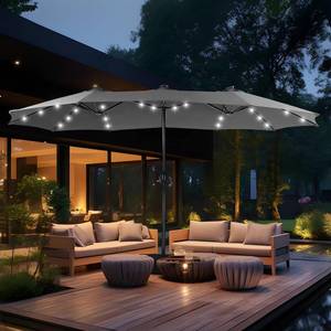 lot 251470 image: Retails for $237 MFSTUDIO 15ft Double Sided Patio Umbrella with Solar Lights, Outdoor Large Umbrellas with Crank Handle and 36 LED Lights, Rectangular Market Umbrella with Base Included for Deck Pool Shade, Smoky Gray