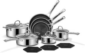 lot 261437 image: Retails for $203 SNOWCLAD Pots and Pans Set Non Stick, 14 Pcs Hybrid Stainless Steel Cookware Sets, Non Stick Frying Pans, Saucepans, Saute Pan & Stock Pot, PFOA Free Kitchen Skillet,Induction Compatible