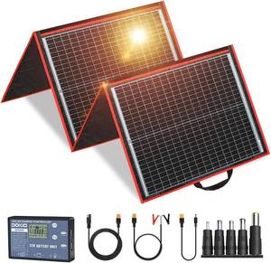 lot 351597 image: Retails for $159 DOKIO 160w 18v Portable Foldable Solar Panel Kit (22x21inch, 9lb) Solar Charger with Controller 2 USB Output to Charge 12v BatteriesPower Station (AGM, Lifepo4) Rv Camping Trailer Emergency Power