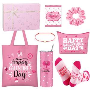 lot 16929 image: Sieral 8 Pcs Happy Galentines Day Gift Set for Women Include 16 oz Tumbler Canvas Tote Bag Makeup Bag Bracelet Socks Hairband Greeting Card Box for Her Friend Bestie Galentine Party Favors - Retail $21