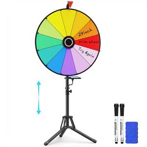 lot 16938 image: KOOV 24 Inch Prize Wheel, Adjustable 55-61 Height Spinning Wheel for Prizes, Storable Wheel Spinner with Stand- Roulette Wheel for Party Games, Carnival, Business Events & Classroom Activities - Retail $60