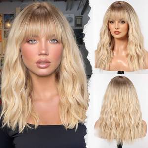 lot 32184 image: HAIRCUBE Long Wig with Bangs Synthetic Wavy Wigs for Women Blonde with Highlights Color - Retail $22