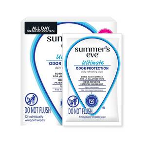 lot 32187 image: Summers Eve Ultimate Odor Protection Daily Feminine Wipes, Gentle pH-Balanced Formula with Boric Acid Cleanses & Removes Vaginal Odor, Individually Wrapped Body Wipes, 12 Count - Retail $4