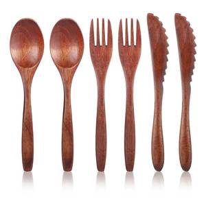lot 32189 image: BOHUIZ 6 Pcs Wooden Utensils for Eating, Wooden Spoon Fork Cutlery Set Kitchen Wood Dinner Flatware Tableware Reusable Wood Spoon, Wooden Forks,Wooden Scraper for Travel and Camping - Retail $8