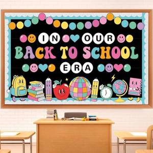 lot 32197 image: GOLDGAO Welcome Back to School Bulletin Board Welcome Back Classroom Decoration Hippie Retro Bulletin Board Set In Our Back to School Era Cutouts for School Office Chalkboard Wall Door Decor Supply used  - Retail $12