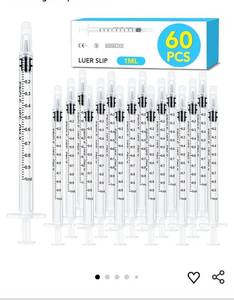 lot 32216 image: 20 Pack 1ml Syringe with Cap for Liquid, 1cc Plastic Small Syringes with Cover, Non-Sterile, No Needle - Retail $6