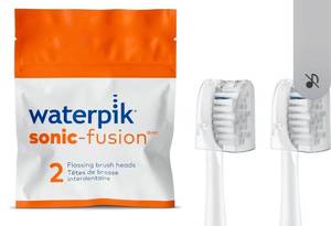 lot 32234 image: Waterpik Genuine Full Size Replacement Brush Heads With Covers for Sonic-Fusion Flossing Toothbrush SFFB-2EW, 2 Count White - Retail $25