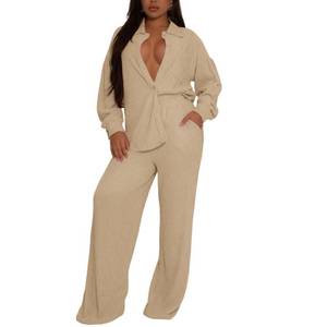 lot 32246 image: Elainone Womens 2 Piece Outfits Button-Down Shirt Long Sleeve and Flare Pleated Wide Leg Pant Sets With Pocket Khaki L - Retail $40