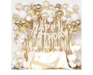 lot 41831 image: White and Gold Birthday Decorations for Women Girls, Gold White Sand Confetti Metallic Printed Balloon Butterfly Sticker Fringe Curtain Happy Birthday Banner Heart Garland Paper Pompom Party Supplies - Retail $12