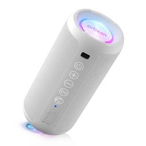 lot 41841 image: Ortizan Portable Bluetooth Speaker IPX7 Waterproof, 24W Loud Sound, Deep Bass, Bluetooth 5.3, LED Lights, Wireless Stereo Pairing, 30H Playtime, for HomeOutdoorPartyBeach, Birthday Gift (White) - Retail $40