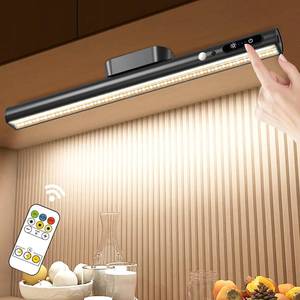 lot 41850 image: Hapfish Motion Sensor LED Light Bar Indoor, Rechargeable Under Cabinet Lighting Wireless, Magnetic Battery Powered Operated Wall Strip Lights with Remote Control for Desk Mirror Closet Kitchen -Black - Retail $30