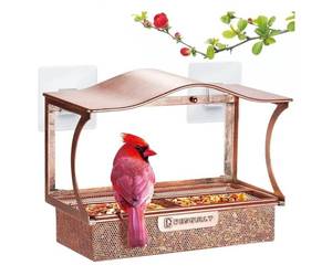 lot 43896 image: Window Bird Feeder, Metal - with Strong Suction Cups, Large Outdoor for Viewing Bird Watching Gift (Curved) - Retail $24