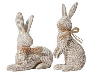 lot 43898 image: DN DECONATION Easter Decorations Bunny Figurines Set, Rattan Effect Resin Beige Bunnies Standing & Lying with Bow, Farmhouse Spring Tabletop Decor for Mantel Shelf Office Home Gift - Retail $22