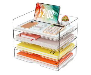 lot 43902 image: YKLSLH 4 Trays Paper Organizer Letter Tray - Acrylic Desk File Organizer, Stackable Clear Paper Holder Sorter Office Organizer for LetterA4, Office File Ipad Books Notes Etc - Retail $19