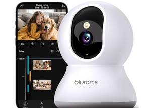 lot 43906 image: Security Camera 2K, blurams Baby Monitor Dog Camera 360-degree for Home Security wSmart Motion Tracking, Phone App, IR Night Vision, Siren, Works with Alexa & Google Assistant & IFTTT, 2-Way Audio - Retail $17