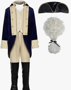 lot 43907 image: ReliBeauty Washington Costume Boys Hamliton American Colonial Uniform with Wig 140 - Retail $44