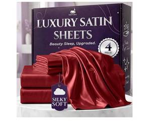 lot 43912 image: SLEEP SANCTUARY Satin Sheets King Size 4 Piece Luxury Silky Bed Set, Softer Than Silk, 15 Deep Pocket, Cooling & Wrinkle-Free, Moisture-Wicking & Breathable for Hair & Skin (Red) - Retail $36
