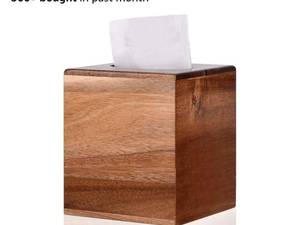 lot 43913 image: 2 Pack Acacia Wood Tissue Box Cover, Square Wooden Tissue Holder for Bathroom, Living Room, Dining Table, Decorative Cube Facial Tissue Box Cover, 5.3 x 5.3 x 5.9 inches - Retail $34