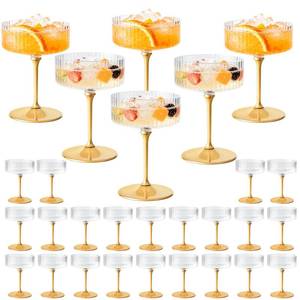 lot 43918 image: ZOMUIA Ribbed Coupe Glasses 28 Pcs, 10 oz Plastic Champagne Coupe Detachable Acrylic Cocktail Glasses Plastic Martini Glasses for Bar, Wine, Dessert, Cocktail Glassware(Gold) - Retail $36