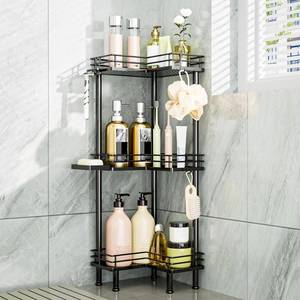 lot 43923 image: Consumest Corner Shower Caddy Standing - 3-Tier Stainless Steel Shower Organizer with Soap Holder and 4 Hooks, Large Capacity Corner Shelf Stand for Bathroom, Rest Room, Black - Retail $35