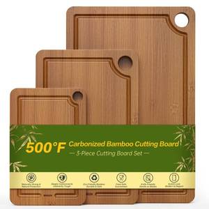 lot 43924 image: Bamboo Cutting Board for Kitchen, 3-Piece Set with Juice Grooves, Side Handles & Non-Slip Mats Durable Bamboo Chopping Board for Meat, Vegetables and Fruits - Retail $30