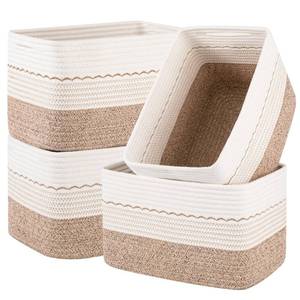 lot 48763 image: OIASKET 4 Pack Storage Baskets for Organizing, 13X9X7.87, Decorative Cotton Rope Baskets for Shelves, Small Woven Basket for Toys, Books and Towels, Brown & White - Retail $32