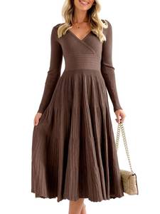 lot 48765 image: Saodimallsu Womens Long Sleeve Midi Sweater Dress Wrap V Neck Pleated A Line Fit Flare Elegant Knit Maxi Dress Coffee APPEARS TO BE MEDIUM - Retail $56