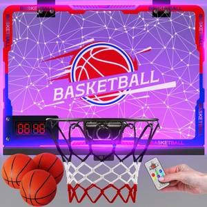 lot 48775 image: Mini Indoor Basketball Hoop with 7-Color Lights & 3-Light Effects & Scoreboard & Timer,Over The Door Bedroom Office for 3-12 Year Old Kids Boys Birthday Christmas (A) - Retail $35