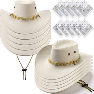 lot 48779 image: Coume 10 Set Cowboy Hat and Bandana for Women Men 10 Felt Cowgirl Cowboy Hat Bulk 10 Western Bandanas for Adult Costume Party(Beige White,Classic Style) - Retail $55