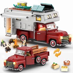 lot 48784 image: FliCineCrt Car Building Block, 2-in-1 Camper Van Building and Farm Pickup Truck Building Set Toy for Adult, Retro Rvs Building Block Kit Set, 2188pcs - Retail $46