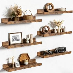 lot 48785 image: upsimples Floating Shelves for Wall, Wall Shelves for Decor Storage Set of 6, Wall Mounted Wood Shelf for Bedroom, Living Room, Bathroom, Kitchen, Picture Ledge Shelf, Brown - Retail $21