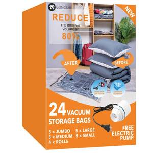 lot 48787 image: GONGSHI Vacuum Seal Bags for Clothing Travel & Home Storage, Travel Vacuum Bags with Pump,Space Saver for Blankets, Comforters, Pillows, Clothes,24 Combo with Electric Pump - Retail $36