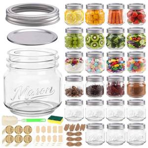 lot 48801 image: 24 Pack 8 oz Mason Jars with Lids, Half Pint Canning Jars with Embossed Fruit Pattern, Small Glass Jars for Storing, Pickling, Jam, Overnight Oats, Wedding & Party Favors, Candle Making and DIY Crafts - Retail $22