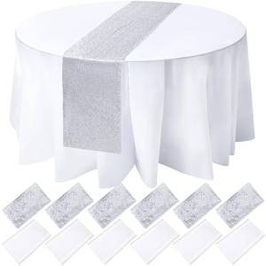 lot 48808 image: Newwiee 12 Pack Round Plastic Tablecloth 84 Inch with Glitter Sequin Table Runner 12 x 108 Inch Disposable Waterproof Tablecloth for Parties Wedding Baby Shower(Silver, White) - Retail $33